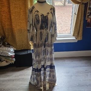 White & Navy Paisley Tiered Maxi Dress with Tie Front